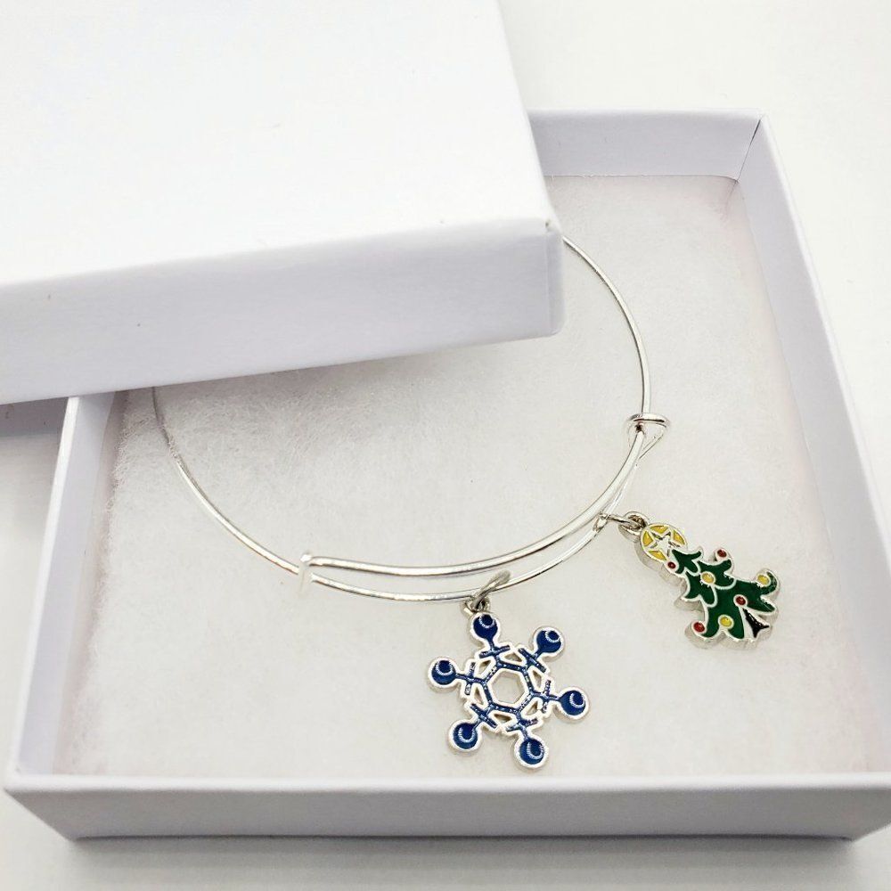 Christmas Tree Charm Bracelet, Silver Snowflake Bracelet For Women